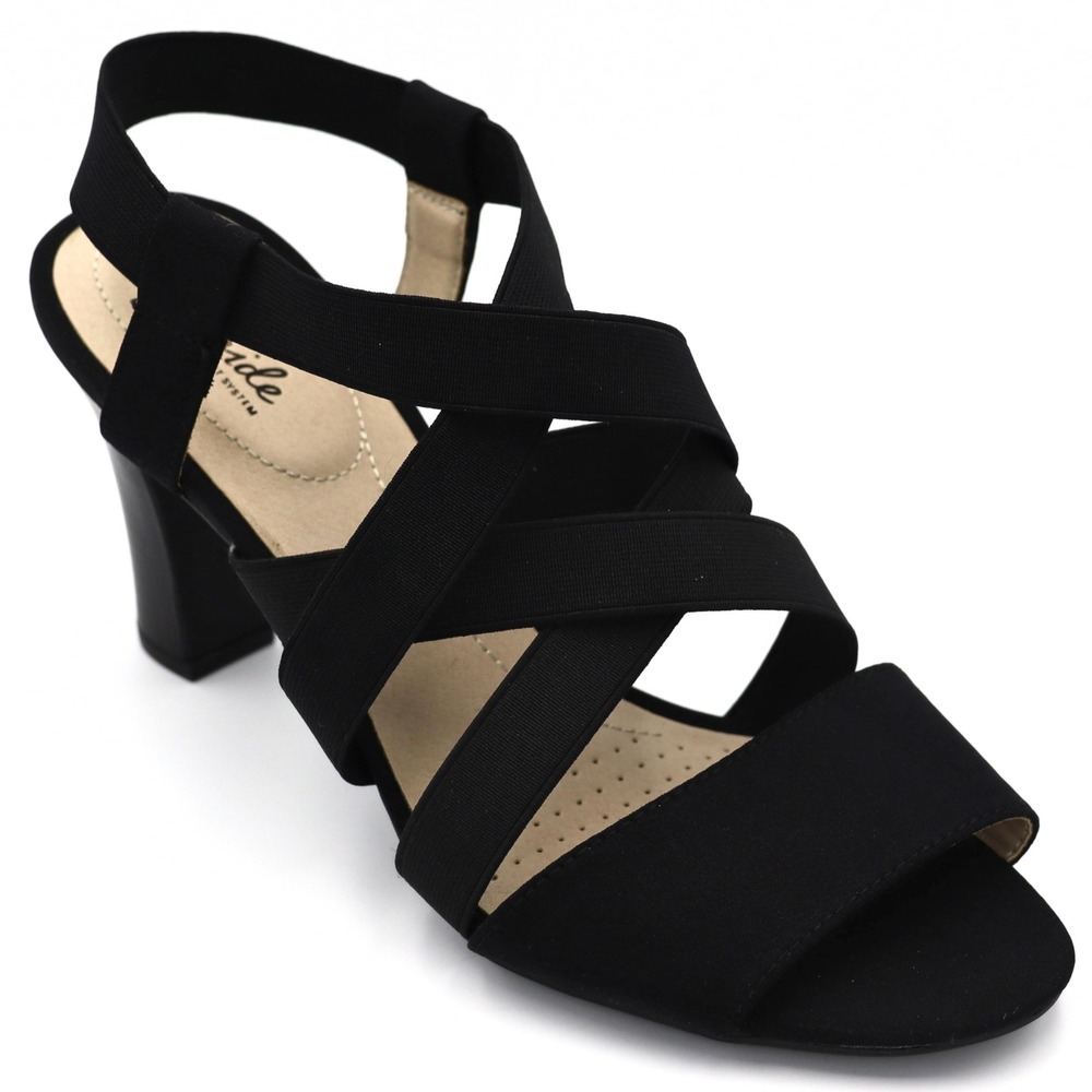 Life Stride Black Strappy Elastic Block Heel Sandals